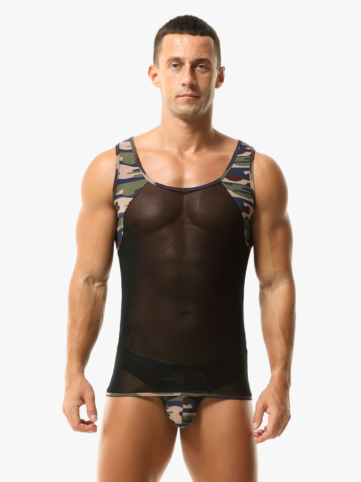 Ärmelloses Camouflage Tanktop mit Netz-Einsätzen