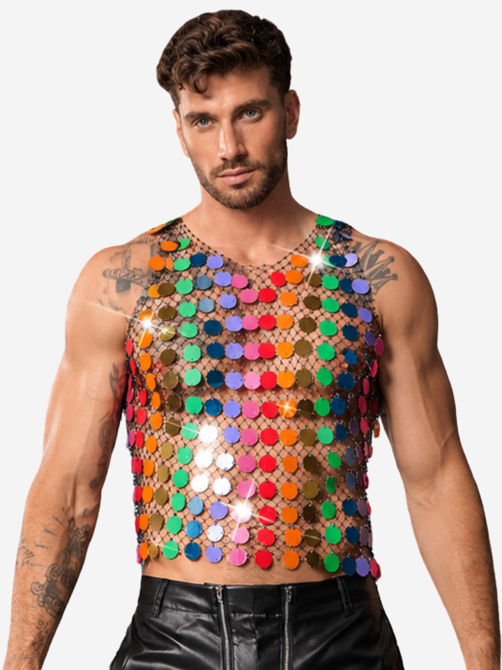 Débardeur en résille métallique – Chemise de fête transparente à effet brillant