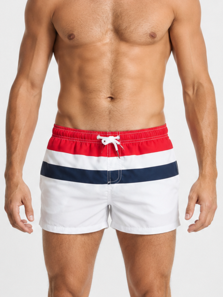 Shorts Strand &amp; Pool – kurze Badeshorts in Weiß, Rot &amp; Navy
