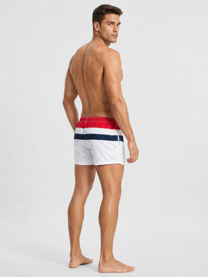 Shorts Strand &amp; Pool – kurze Badeshorts in Weiß, Rot &amp; Navy