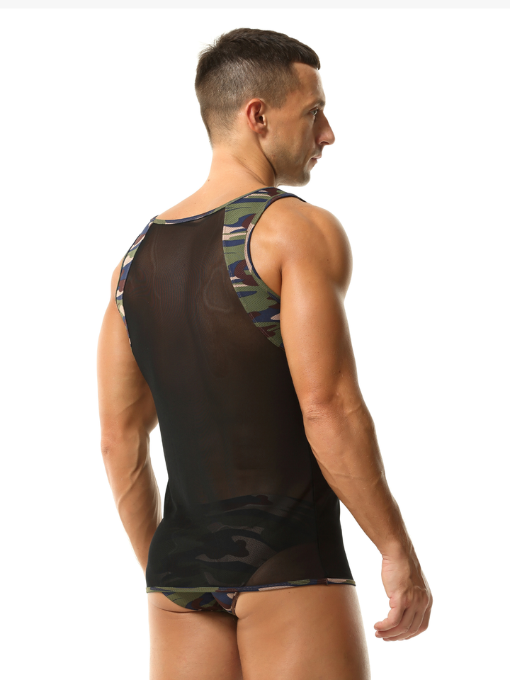 Ärmelloses Camouflage Tanktop mit Netz-Einsätzen