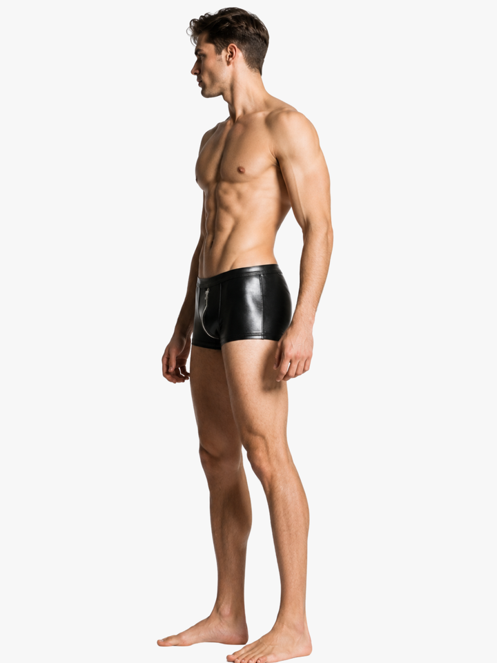 Herren Lackleder Trunk mit Reißverschluss – Low-Rise Wetlook Boxer Schwarz