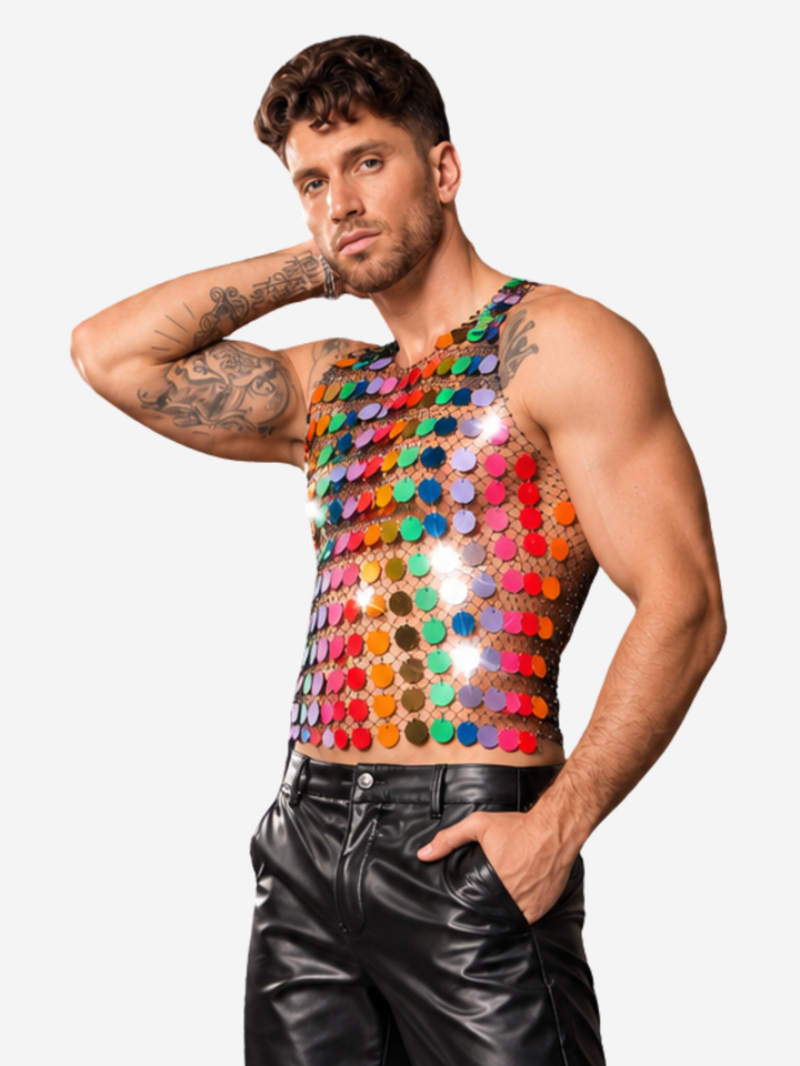 Débardeur en résille métallique – Chemise de fête transparente à effet brillant