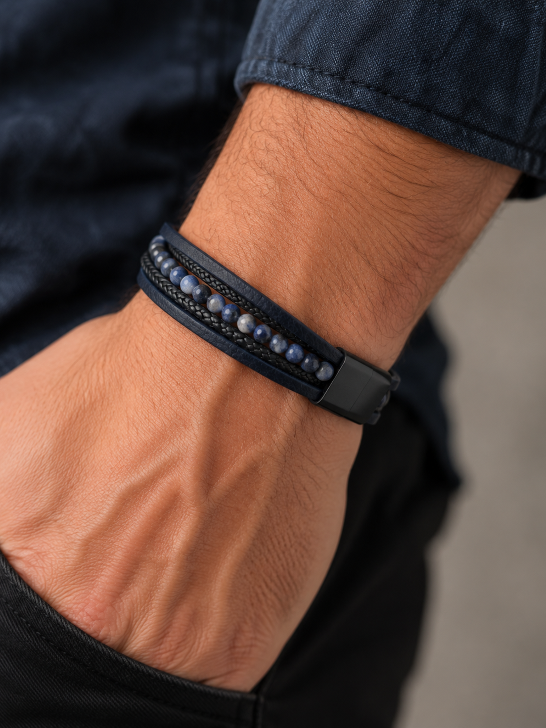Schwarzes Herrenarmband mit Edelstein