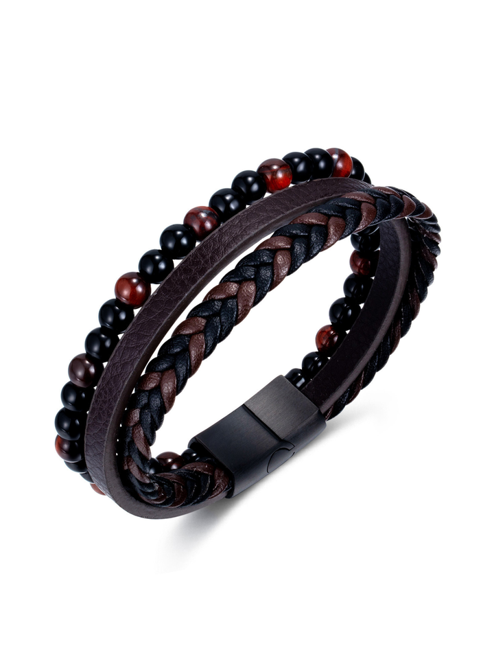 Mehrreihiges Lederarmband mit roten Tigeraugen