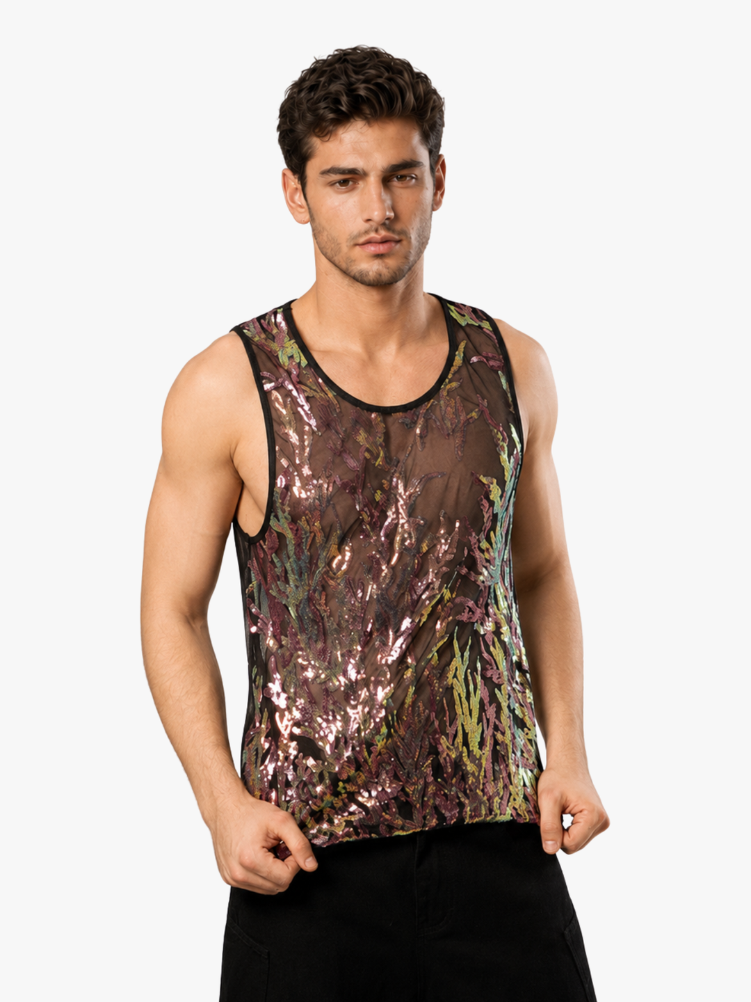 Mesh Tanktop Metallic – Transparentes Party Shirt mit Glanz-Effekt
