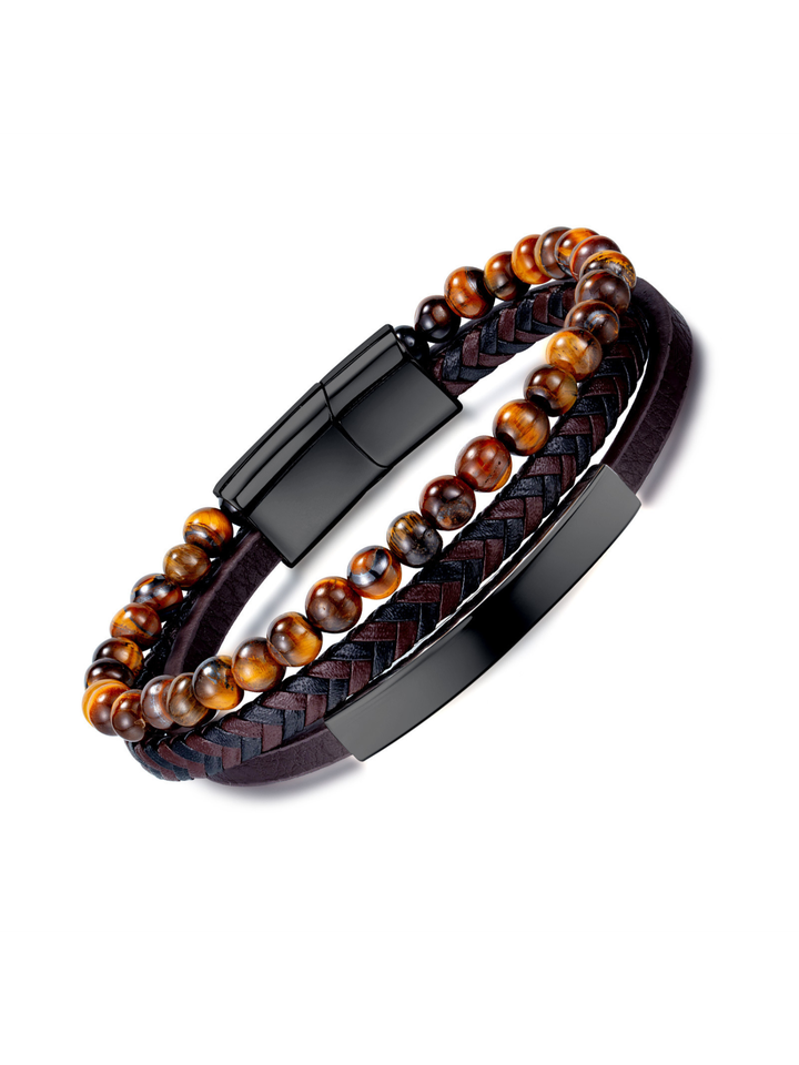 Mehrreihiges Lederarmband mit Tigeraugen-Perlen