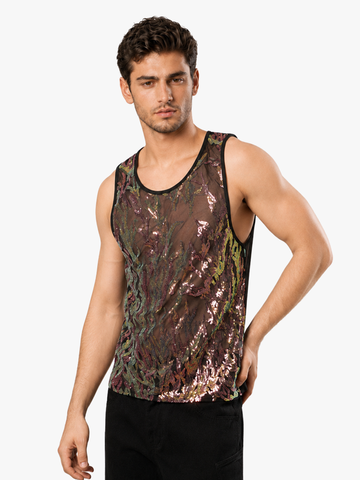Mesh Tanktop Metallic – Transparentes Party Shirt mit Glanz-Effekt