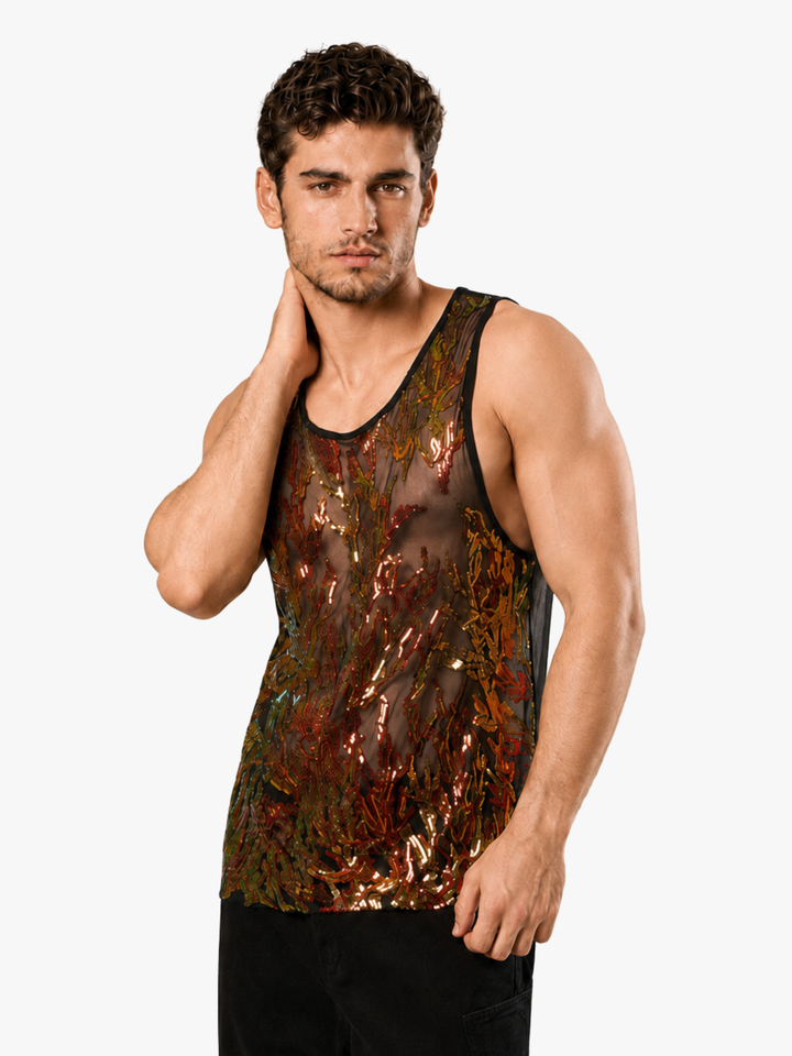 Mesh Tanktop Metallic – Transparentes Party Shirt mit Glanz-Effekt