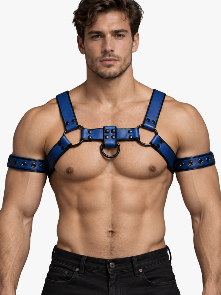 Harness in Lederoptik mit Oberarmbändern – Blau/Schwarz
