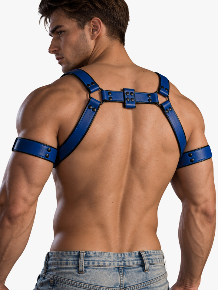 Harness in Lederoptik mit Oberarmbändern – Blau/Schwarz
