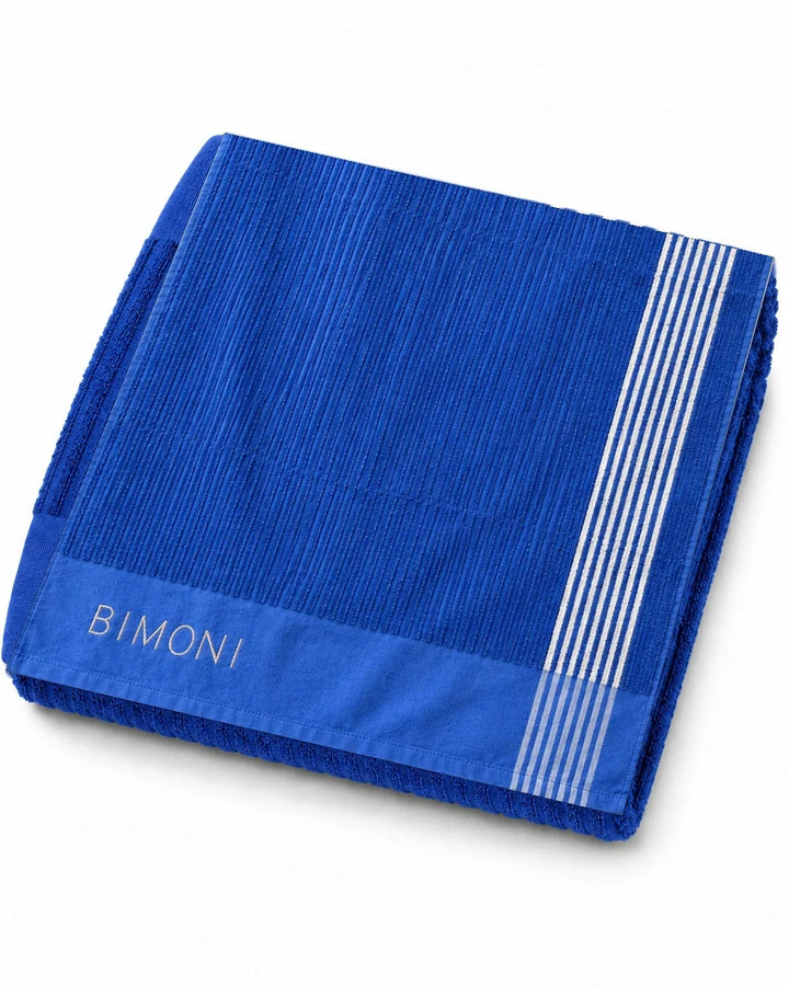 BIMONI serviette – Bleu – Vue d’ensemble pliée avec broderie