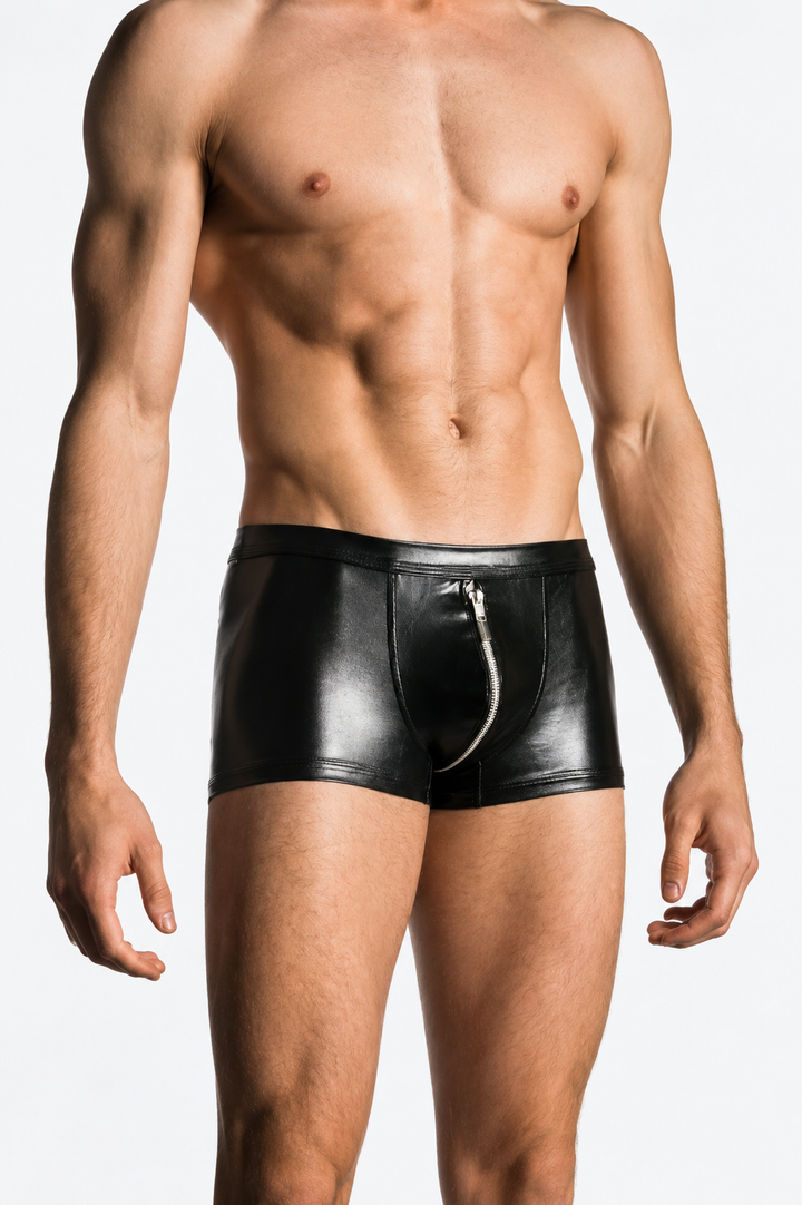 Herren Lackleder Trunk mit Reißverschluss – Low-Rise Wetlook Boxer Schwarz