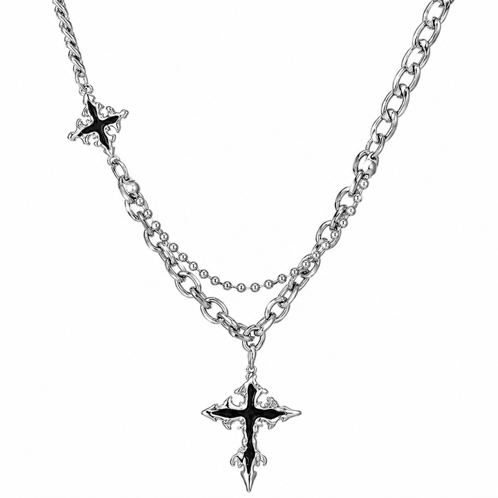 BIMONI Herren Halskette Silberfarben mit Kreuz Anhänger – Layered Chain im Gothic Style